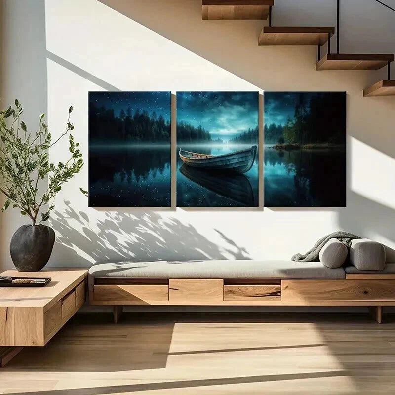 3pcs Tranquil Lake Starry Night Wooden Boat Wall Art Set Canvas Framed 40x60cm - High Quality Print 100% Australian Made Wall Canvas Ready to Hang