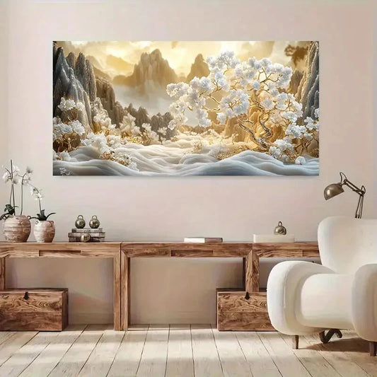 Snowy Peaks White Blossoms wall canvas office home room framed 120x60cm - Bella Home Decor