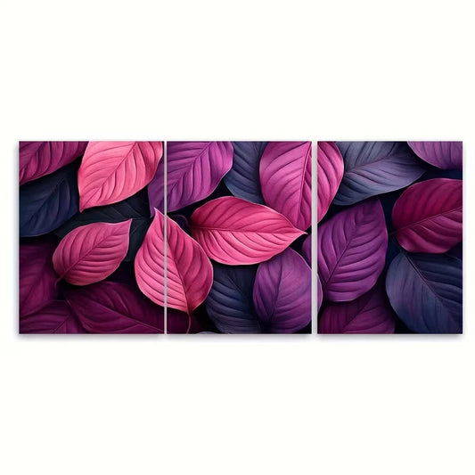 3pcs Magenta Pink Dusky Purple Foliage Metal Print Ready to Hang Art