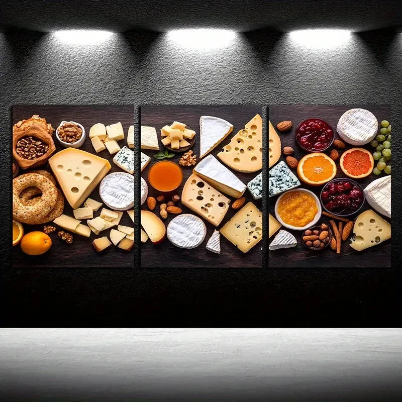 3pcs Vibrant Gourmet Food & Cheese Platter Metal Print Ready to Hang Art