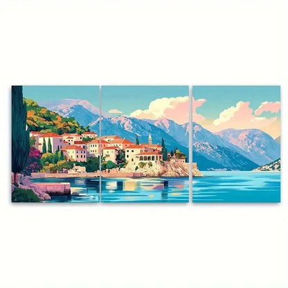 3pcs Vibrant Coastal Town & Mountain Scenery Metal Print Ready to Hang Art