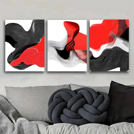 3pcs Red and Black Abstract Wave Design Metal Print Ready to Hang Art