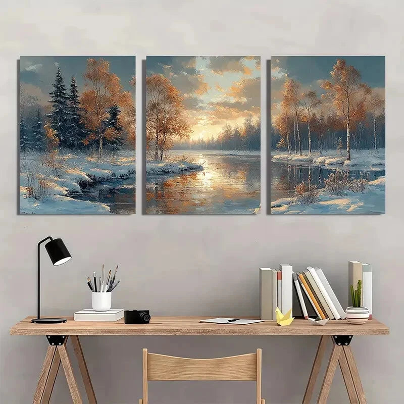 3pcs Snowy River Scene with Golden Sunset Metal Print Ready to Hang Art