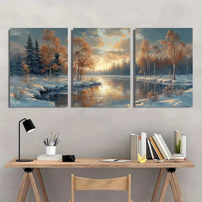 3pcs Snowy River Scene with Golden Sunset Metal Print Ready to Hang Art