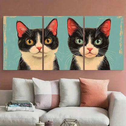 3pcs Retro Style Cat Illustration Wall Art Set Canvas Framed 50x70cm - High Quality Print 100% Australian Made Wall Canvas Ready to Hang