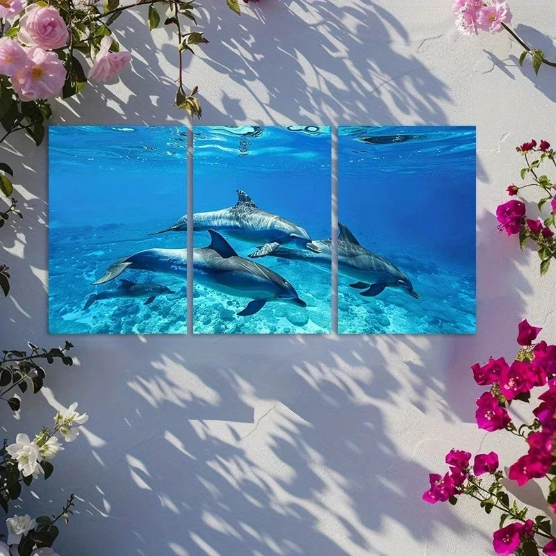 3pcs Graceful Dolphin Family Metal Print Ready to Hang Art