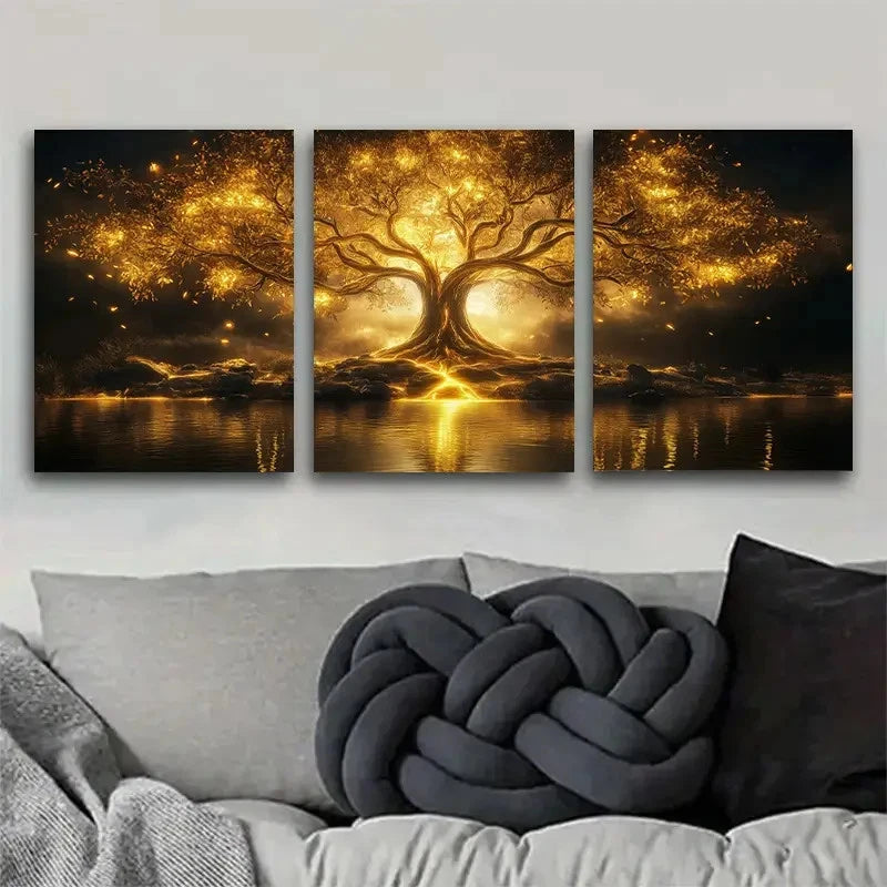 3pcs Vibrant Golden Tree Sunset &Starry Sky Design Metal Print Ready to Hang Art