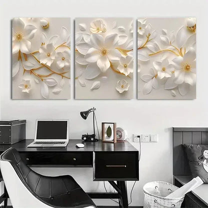 3pcs White Floral Paper Art with Golden Canvas Framed 60x90 cm - High Quality Print 100% Australian Made Wall Canvas Ready to Hang
