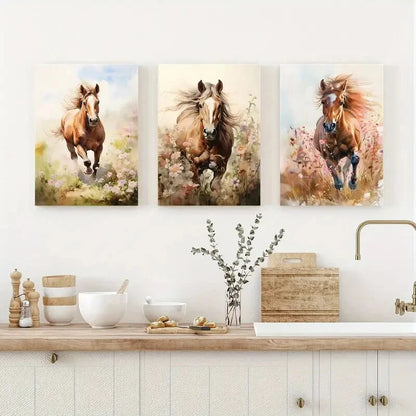 3pcs Watercolor Horse Vibrant Animal Paintings Metal Print Ready to Hang Art