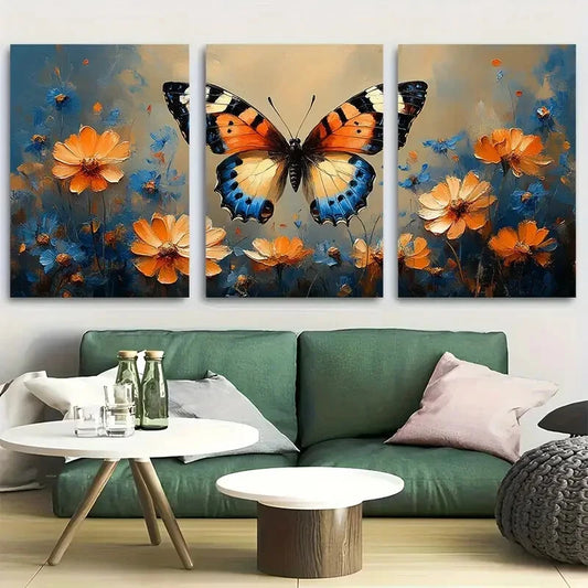 3pcs Vibrant Nature-Inspired Butterfly & Floral Metal Print Ready to Hang Art