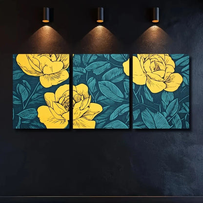 3pcs Lemon Yellow and Sky Blue Summer Rose Metal Print Ready to Hang Art