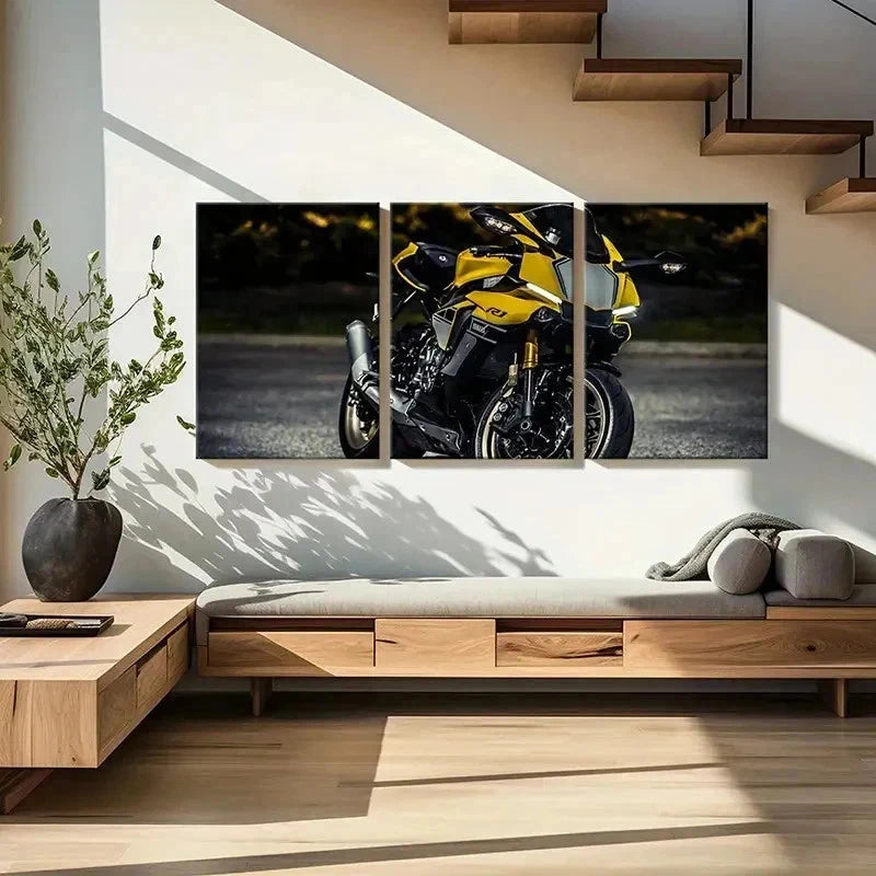 3pcs Modern Vehicle Yellow Motorcycle Wall Art Set Canvas Framed 40x60cm - High Quality Print 100% Australian Made Wall Canvas Ready to Hang