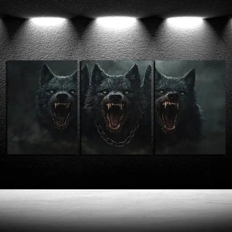 3pcs Wolf wearing a Chain around its Neck Design Metal Print Ready to Hang Art