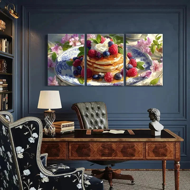 3pcs Pancake Stack Berries Whipped Cream Mint Metal Print Ready to Hang Art
