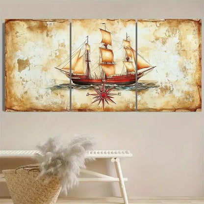 3pcs Vintage Nautical Ship and Compass Rose Wall Art Set Canvas Framed 50x70cm - High Quality Print 100% Australian Made Wall Canvas Ready to Hang