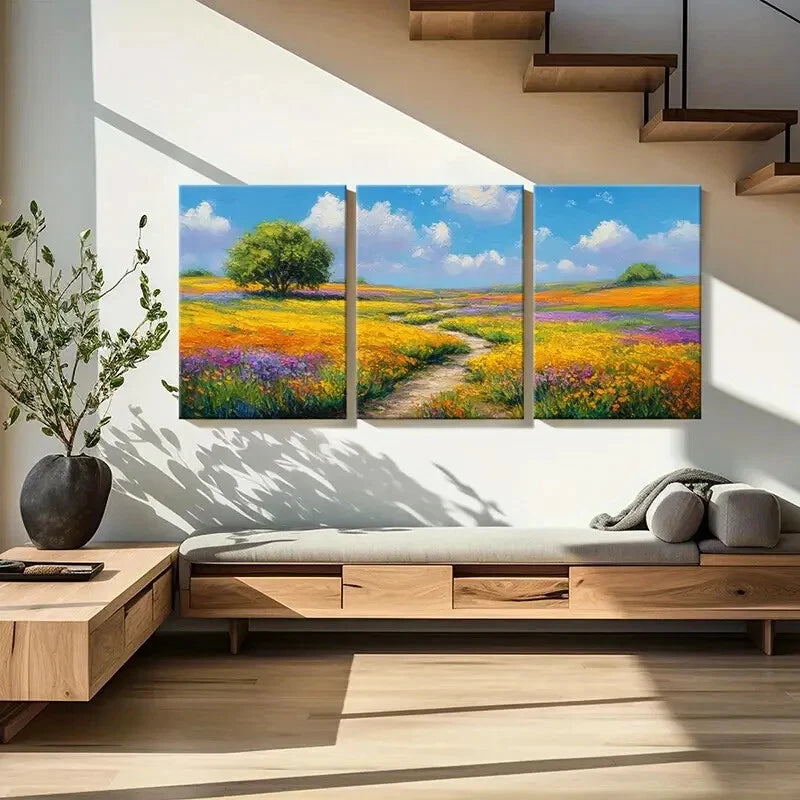 3pcs Landscape Painting Colorful Flowers Blue Sky Metal Print Ready to Hang Art