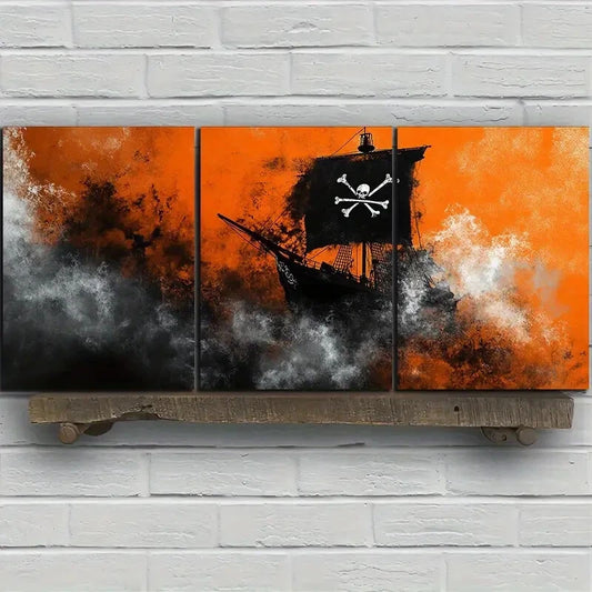 3pcs Black Boat Mural Painting Metal Print Ready to Hang Art