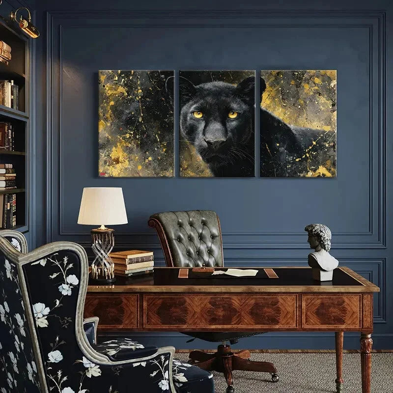 3pcs Black Panther Golden Splatter Background Metal Print Ready to Hang Art