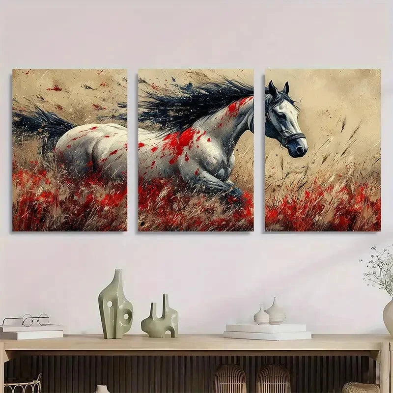 3pcs Wild Animal Horse Painting Red & White Metal Print Ready to Hang Art