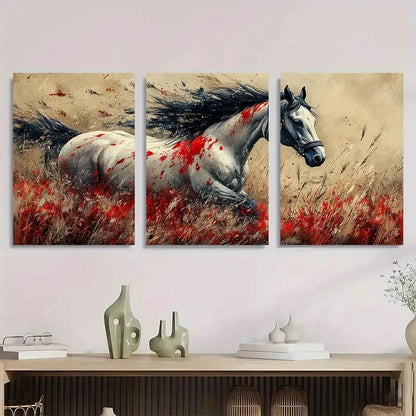 3pcs Wild Animal Horse Painting Red & White Metal Print Ready to Hang Art