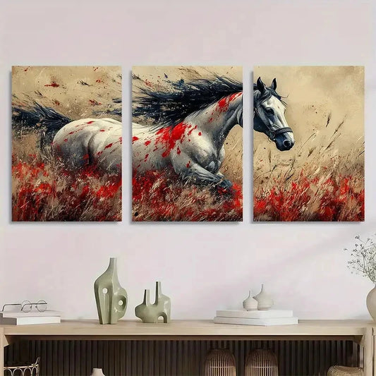 3pcs Wild Animal Horse Painting Red & White Metal Print Ready to Hang Art