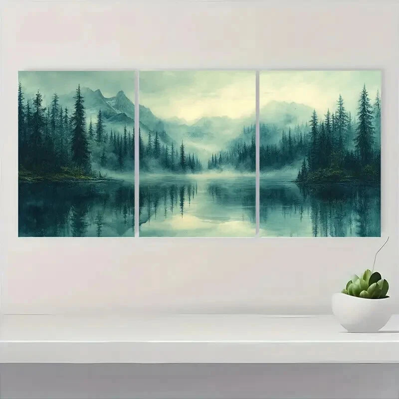 3pcs Misty Forest Reflection Landscape Metal Print Ready to Hang Art