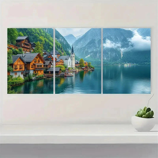 3pcs Hallstatt Austria Travel Painting Metal Print Ready to Hang Art