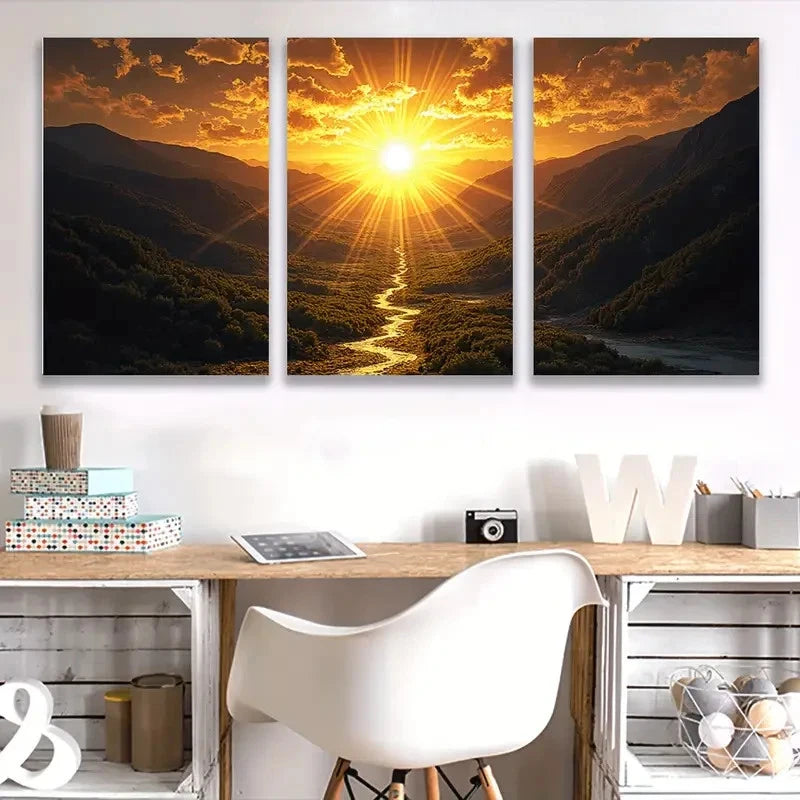 3pcs Sunset Mountain River Nature Scenes E Wall Art Set Canvas Framed 50x70cm - High Quality Print 100% Australian Made Wall Canvas Ready to Hang