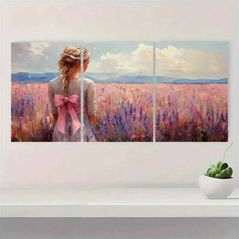 3pcs Pink Bow Art Wildflowers Bouquet Painting Metal Print Ready to Hang Art