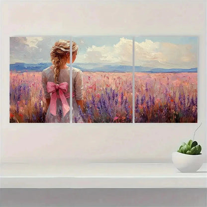3pcs Pink Bow Art Wildflowers Bouquet Painting Metal Print Ready to Hang Art