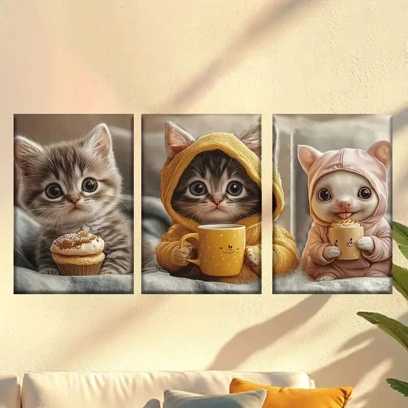 3pcs Cute modern style cake cat, coffee cat Wall Art Set Canvas Framed 60x90cm - High Quality Print 100% Australian Made Wall Canvas Ready to Hang