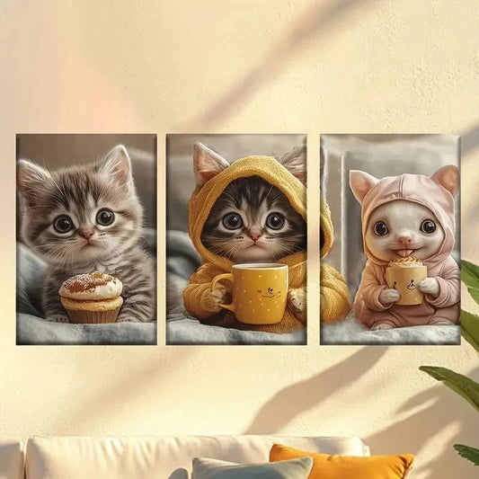 3pcs Cute modern style cake cat, coffee cat Wall Art Set Canvas Framed 60x90cm - High Quality Print 100% Australian Made Wall Canvas Ready to Hang