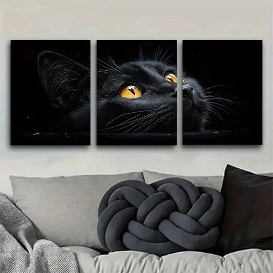 3pcs Black Cat Golden Eyes Feline Portrait Metal Print Ready to Hang Art