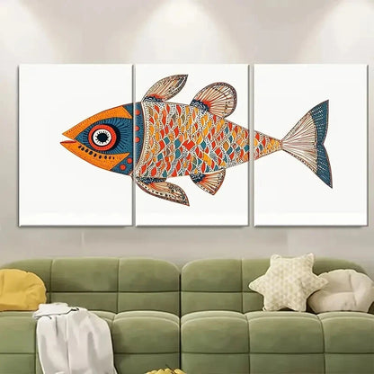 3pcs Vibrant Madhubani Fish Wall Art Prints Metal Print Ready to Hang Art