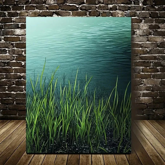 Emerald Water Grass Meadow Painting  40x60cm Metal Print Ready to Hang