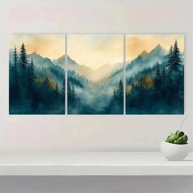 3pcs Abstract Forest Evergreen Trees Landscape Metal Print Ready to Hang Art