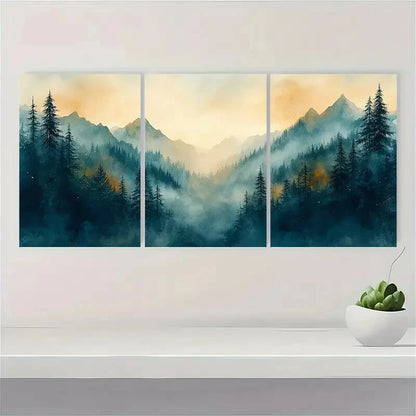 3pcs Abstract Forest Evergreen Trees Landscape Metal Print Ready to Hang Art
