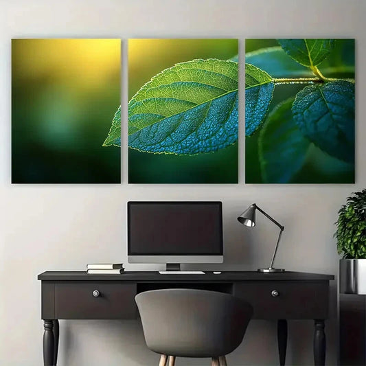 3pcs Fresh Green Leaf Nature Photography Metal Print Ready to Hang Art