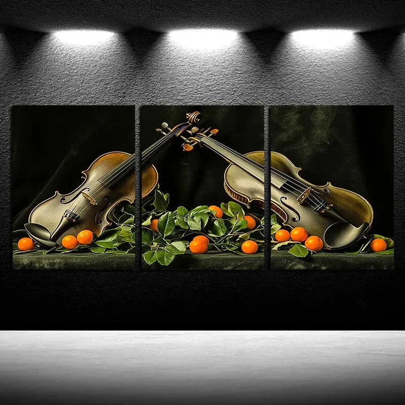 3pcs Green Violin with Orange Fruits Metal Print Ready to Hang Art