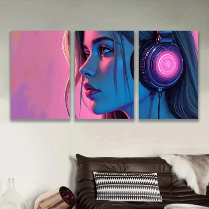 3pcs Woman Wearing Headphones Neon Wall Art Set Canvas Framed 40x60cm - High Quality Print 100% Australian Made Wall Canvas Ready to Hang