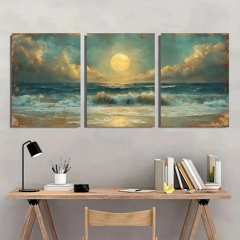 3pcs Moonlit Seaside Vintage Rustic Nature Metal Print Ready to Hang Art