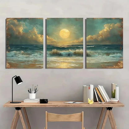 3pcs Moonlit Seaside Vintage Rustic Nature Metal Print Ready to Hang Art