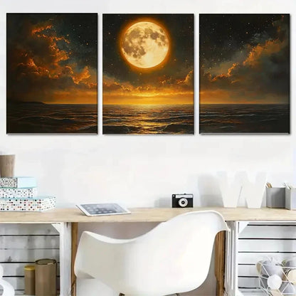 3pcs Stunning Moonlight Ocean Night Sky and Sea Metal Print Ready to Hang Art