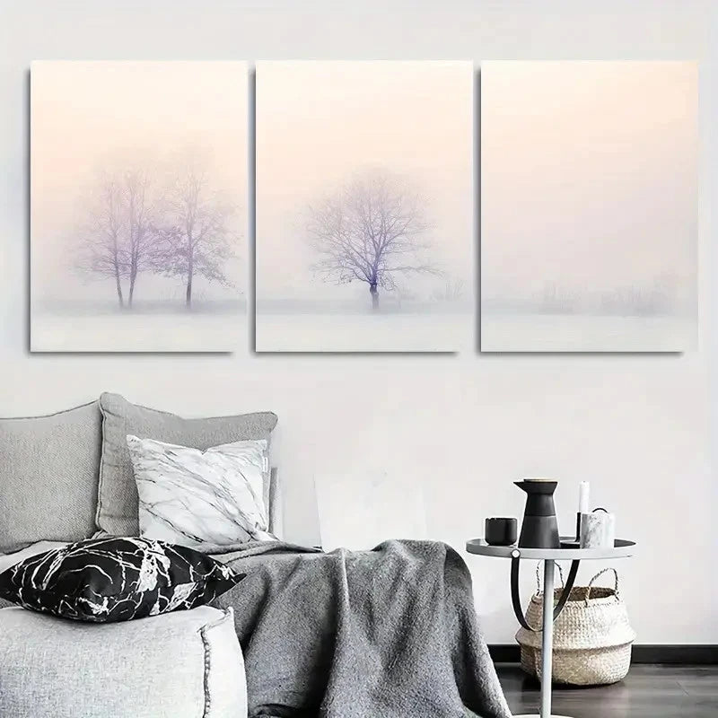 3pcs Serene Foggy Misty Winter Trees Metal Print Ready to Hang Art