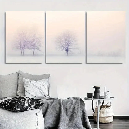 3pcs Serene Foggy Misty Winter Trees Metal Print Ready to Hang Art