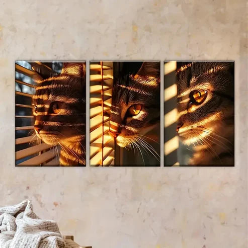 3pcs The Cat is Looking Out the Window   Wall Art Set Canvas Unframed - High Quality Print 100% Australian Made Wall Canvas - Bella Home Decor