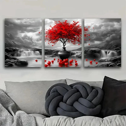 3pcs Vibrant Red Tree in Vase with Heart-Shaped Metal Print Ready to Hang Art