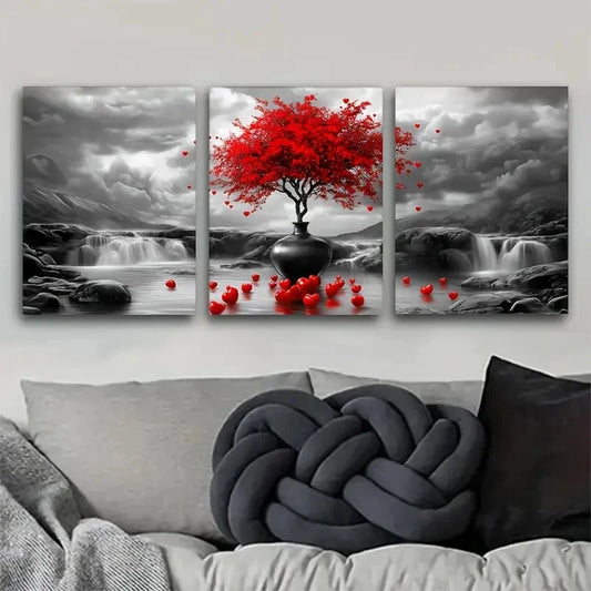 3pcs Vibrant Red Tree in Vase with Heart-Shaped Metal Print Ready to Hang Art