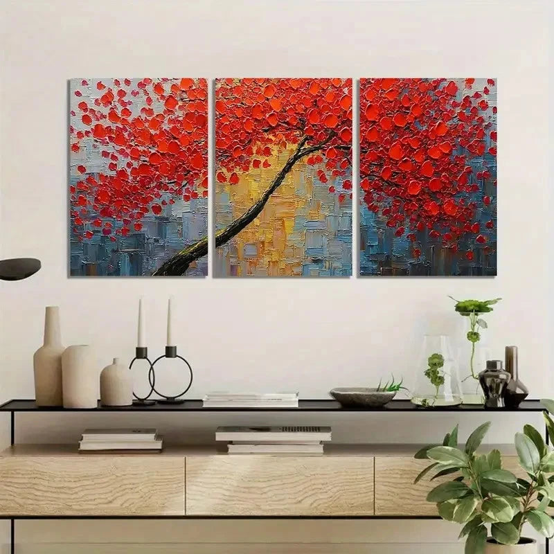 3pcs Featuring Red Leaves Retro Art Paintings Metal Print Ready to Hang Art