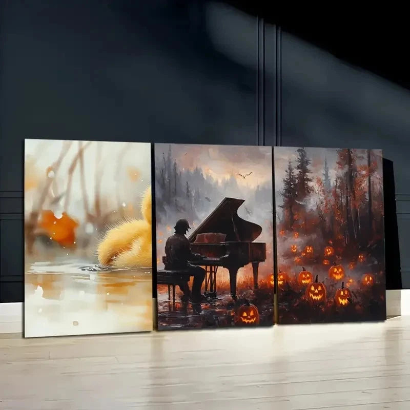 3pcs Set of three Spooky Ghoul Playing Piano  Wall Art Set Canvas Framed 40x60cm - High Quality Print 100% Australian Made Wall Canvas Ready to Hang